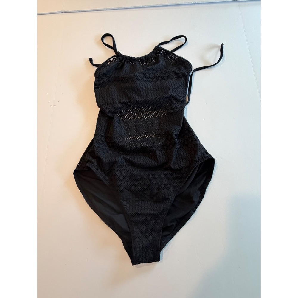 Time and Tru Womens Black Crochet High Neck One‎ Piece Swimsuit Large